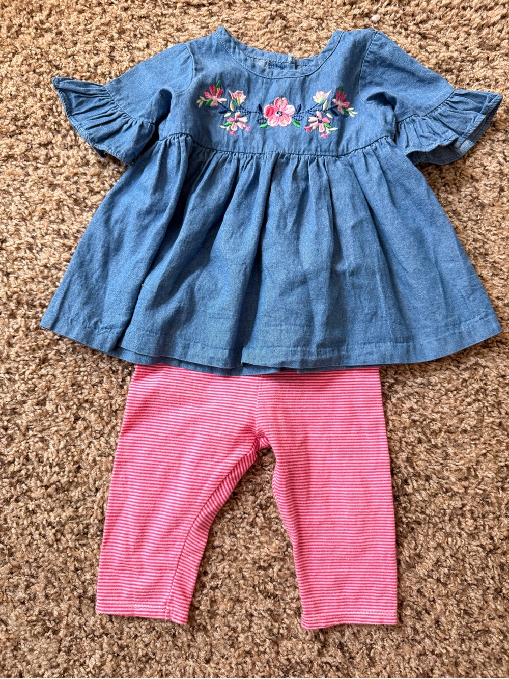 Bonnie Baby Blue Chambray Embroidered Top & Pink Striped Leggings